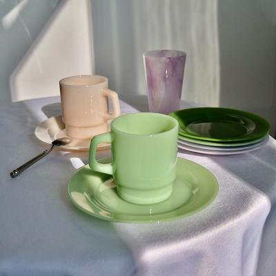 China 230/400ml Viable 7/8 Inch Jade Coffee Business Gift Cups Color Glass Dish Cup And Saucer With Handles for sale