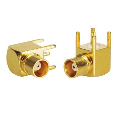 China Brass Female MCX Jack Socket Right Angle Thru Hole PCB Mount Solder Connector for sale