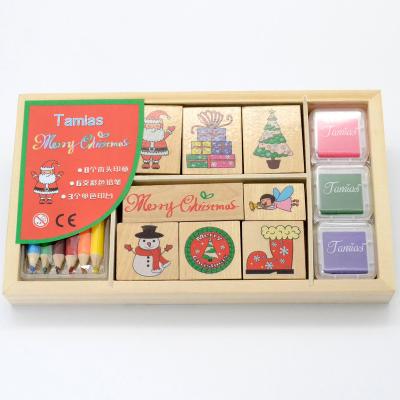 China Children's Toy Merry Christmas Set Rubber Seal Toy Stamp Wooden Stamp Kids Gift Box Set for sale