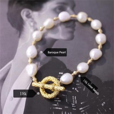 China Romantic Pure Au750 Gold Pearl OT Buckle 18K Gold Natural Baroque Jewelry Bracelet Pure Gold Necklace for sale