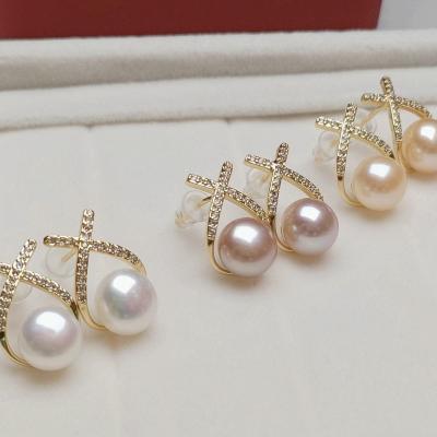 China Trendy Korean Style Pearl X Line Women Sweet Freshwater Fashion Jewelry Earring Women for sale