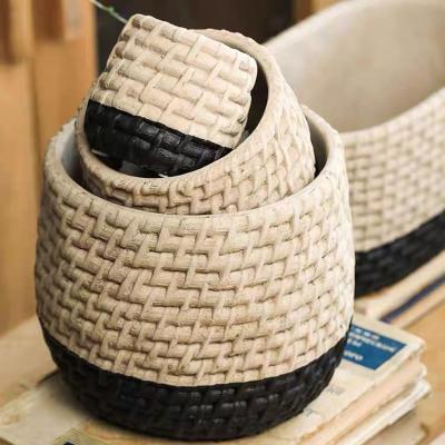 China Green Plant Pots Cement Concrete Woven Black Flowerpot Rustic Household Storage Basket Small Around Garden Plant Decorative Flower Pot for sale