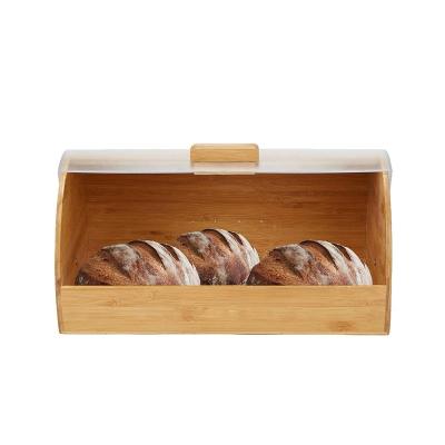 China Eco-friendly Bamboo Rolltop Large Bread Bin Double Layer Bamboo Bread Box With Clear Front Window for sale