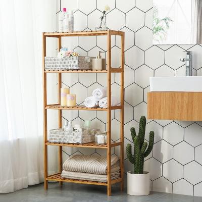 China 5 Tier Modern Bathroom Shelf Bamboo Storage Rack for sale