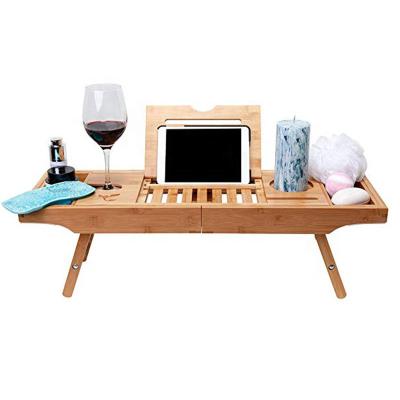 China Europe High Quality For Bathroom Removable Panels Bamboo Bath Tub Caddy Organizer With Wine Glass Holder for sale