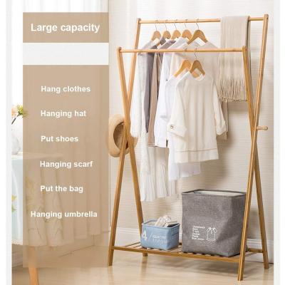 China Minimalist Color Double Layer Foldable Bamboo Vertical Clothes Free Standing Bamboo Coat Rack With 2 Side Hooks for sale