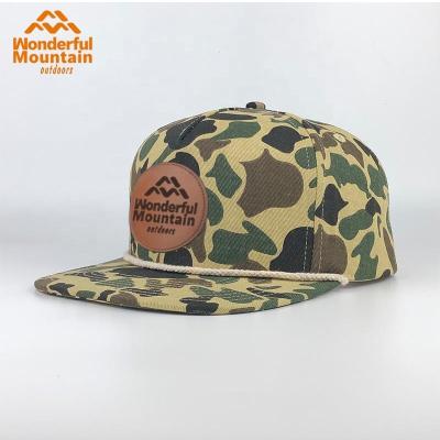 China COMMON Popular Hot Selling Golf Hat Sports Flat Brim Patch Cord Logo Camouflage 5 Panel Snapback High Quality Leather Custom Hat for sale