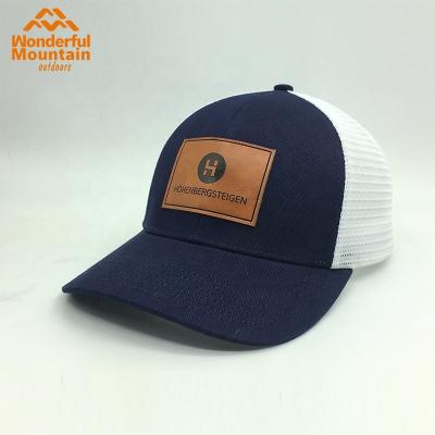 China JOINT Logo 6 Panel Trucker Hat Pre-Curved Brim Leather Patch Custom Mesh Hat Ready To Ship for sale