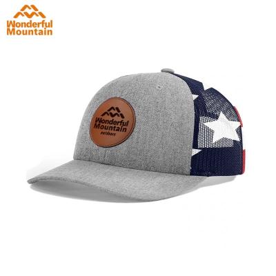 China JOINT Custom Leather Patch Logo Back American Flag 6 Panel Mesh Trucker Hat for sale