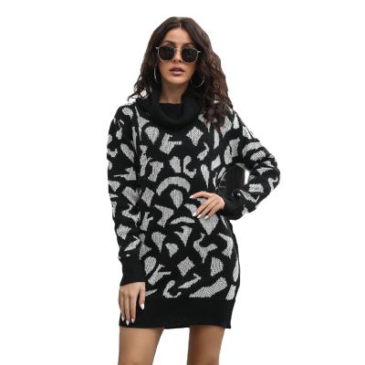 China Anti-Static Winter Amazon Hot Sale Autumn Girl Knitted Dresses Women Leopard Print Turtle Neck Sweater Dress for sale