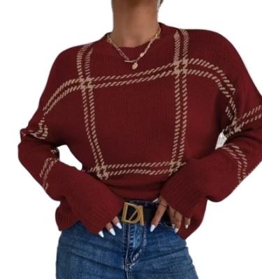 China New Style QUICK DRY Casual Sweater Tops Knit Pullover Plaid Pattern Drop Shoulder Women Sweater for sale