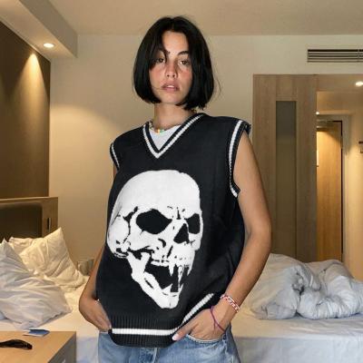 China Anti-wrinkle Skull Print V-Neck Sweater Loose Casual Women Vest Shape Oversized Women Invest Sweater for sale