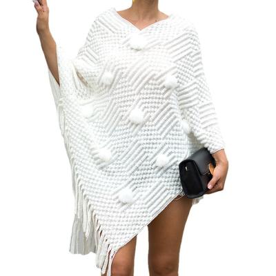 China Winter Bohemian Oversize Female Clothing Knitwear Irregular Fitshinling Fringe Hairball Coat Poncho for sale