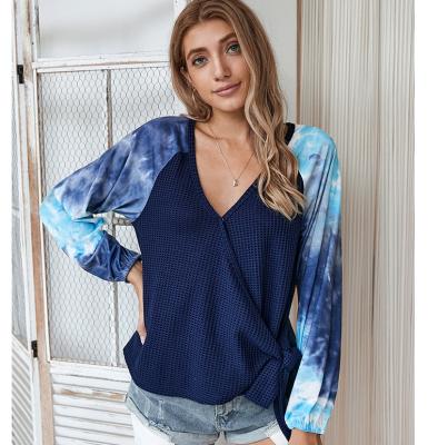 China Anti-wrinkle fall clothing for women fashion tie dye long sleeve t-shirt lady v-neck top pungent factory for sale