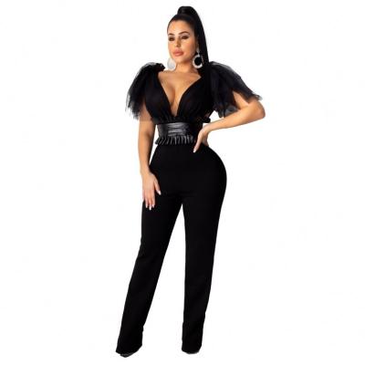 China Anti-pilling 2020 women suit jumpsuit mesh with PU waistband women jumpsuits and rompers for sale