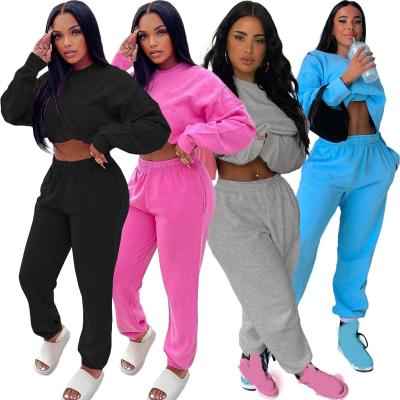 China Drop Shipping Autumn Ladies Anti-pilling O Neck Two Pieces Pants Set Long Sleeve Casual 2 Pieces Set Solid Color Womens Sets Sweatpants for sale