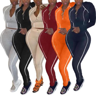 China 2021 Autumn Anti-pilling Sportswear Set Solid Color Women Upper Two-Piece Ladies Clothing Set Women Zipper Casual Long Sleeve Crop Top for sale