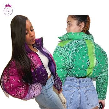 China SQE2-1 2020 Viable Women Bubble Coat Customized Patchwork Winter Pasiley Print Bomber Stripper Jacket for sale