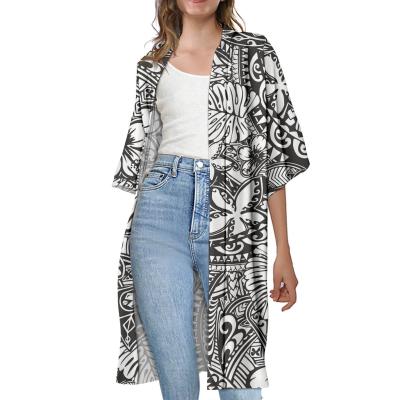 China Somoa Plumeria Leaf Print Lady Cardigan Thin Plus Size Long Half Waist Cardigan Black Tribal Hawaiian Polynesian Casual Women Plus Sleeve for sale