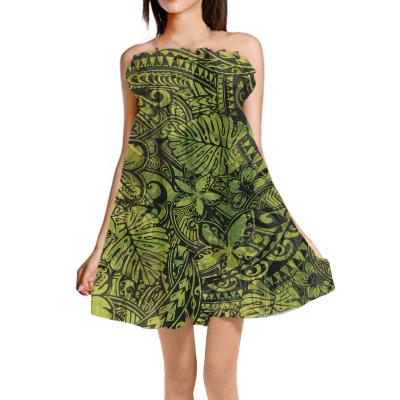 China Polynesian knee-length flesh ice silk fabric skirts viable green sleeveless dress ladies printing traditional style women dresses 2021 for sale