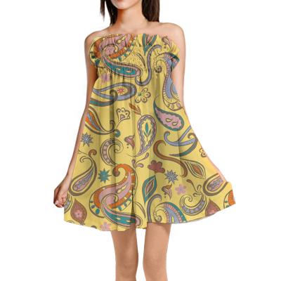 China Viable Yellow Paisley Pattern Vintage Dress Women 2021 Summer Dresses Customized Your Design Sleeveless Dresses Ice Silk Fabric Skirts for sale