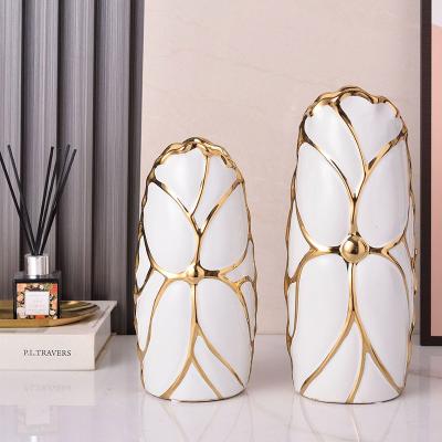 China Modern Wholesale Modern Luxury Tall Big Small Vase Ceramic Gold Black White Flower Pot Set for sale