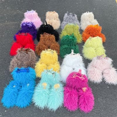 China Waterproof Fashion Fall Winter  Fur bag Slides slippers set Purse And Handbag Women Outdoor Fluffy  Mongolian Fur bag for sale