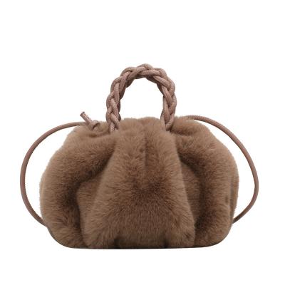 China Waterproof Winter Women's Bag Pumpkin Plush Messenger Bag Woven Rope Ladies Fur tote bag Purse and Handbag 2023 for sale