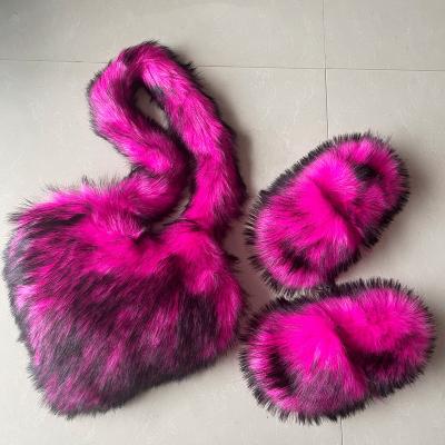 China Waterproof Ins Fashion Winter Fur Bags Women Handbags Ladies Purses and Handbags Luxury Fur Heart Purse and Shoe sets for sale