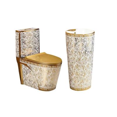 China Luxury Sanitary Gold Plated One Piece Ceramic Gold Toilet Set Hidden Cistern Design Ware Pedestal Sink WC Bathroom Set for sale