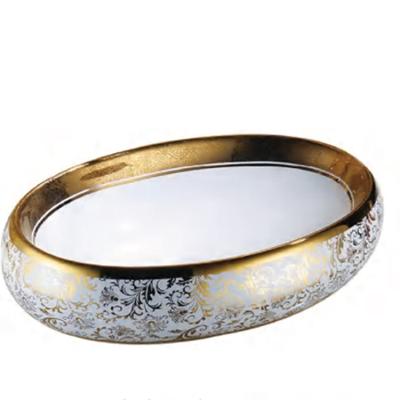 China Modern Vessel Gold Oval Shape Vanity Countertop Hotel Hand Wash Ceramic Art Basin for sale