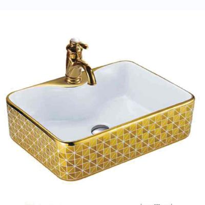 China Fancy Easy Clean Rectangle Bathroom Hand Wash Vanity Top Basin Bathroom Gold Ceramic Sink for sale