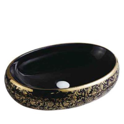 China Modern Luxury Oval Above Counter Ceramic Black Wash Vessel Bathroom Wash Basin Art Basin Sink for sale