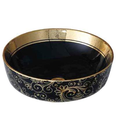 China Easy Clean Luxury Wash Basin Round Table Vanity Vessel Sink Bowl Small Black And Gold Hand Top Wash Basin for sale