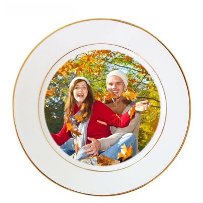 China 10inch Sublimation Photo Viable Personalized Ceramic Dish And Heat Transfer Printing Empty Ceramic Dish With Gold Rim For Decoration for sale