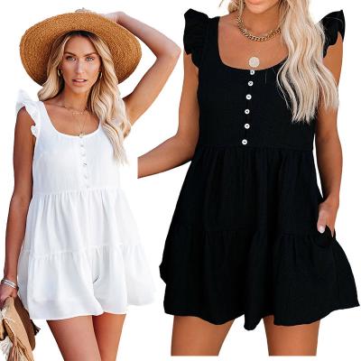 China New Arrivals Solid Color Breathable Ruffles Sheath Button Summer Short Leg Wide Leg Casual Wide Leg Rompers for sale