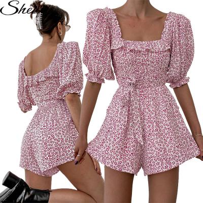 China Breathable New Arrivals Floral Print Puff Sleeve Bandage Summer Women Rompers Short Cami Jumpsuit 2022 for sale