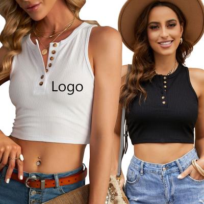 China Sustainable Custom Logo Casual Sleeveless Bodycon Button Solid Color Sexy Women Ribbed Crop Top for sale