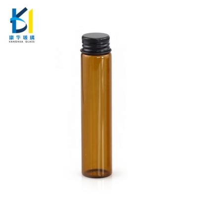 China Recyclable Amber Tubular Bottle 5ml Screw In 25ml Mini Glass Vials With Black Aluminum Cap for sale