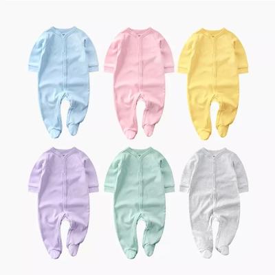 China Wholesale Cotton Clothes 100% Cotton Toddler Pajamas Solid Color Newborn Infant Baby Breathable Long Sleeve Rompers With Button for sale