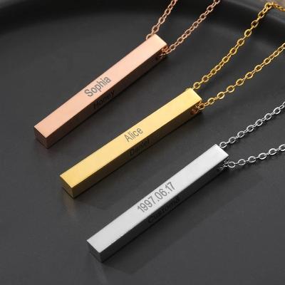 China Csmart Stainless Steel CLASSIC Logo Square Strip 3D Custom Engraved Gold Plated Vertical Personalized Bar Pendant Necklace for sale