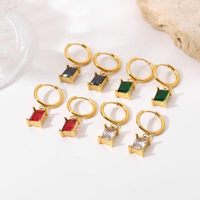 China Fashion Vintage French 18K Gold Plated Mini Rectangle Colorful Zircon Hoop Earrings Stainless Steel Hoop Earrings Jewelry For Women for sale