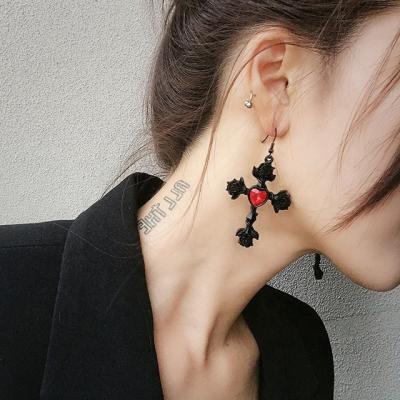 China Black Gothic Neo-Gothic Personality Rose Flower Drop Cross Earrings With Red Crystal Heart Fashion Halloween Pendent Jewelry for sale