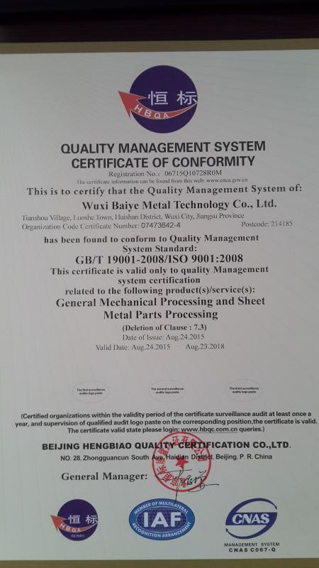 GB/T 19001-2008/ISO 9001:2008 - WUXI BAIYE METAL TECHNOLOGY CO.,LTD.