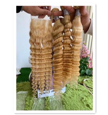 China Deep Wave Lisha Virgin Human 613 Blonde Hair Deep Wave Bundles With Closure 100% Best Pure Brazilian Hair Bundles With Wholesale Price for sale