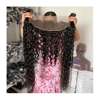 China Pure Virgin Human Hair Water Wave Bundles With 13x4 Swiss Lace Frontal Brown Hair Extension Vendors for sale