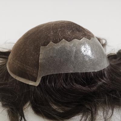 China French lace with human gray poly hairWholesale French lace with poly skin bleached knots hair replacement natural looking hairpiece for sale