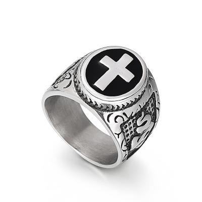 China Hand Polishing Stainless Steel Cross Enamel Black Finger Ring Vintage Religious Christian Cross Ring For Men for sale