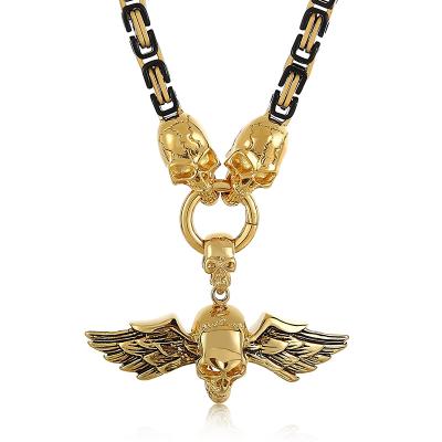 China Hiphop Stainless Steel Skull Cross Pendant Necklace Geometric Solid Thick Wing Skull Chain Necklace for sale