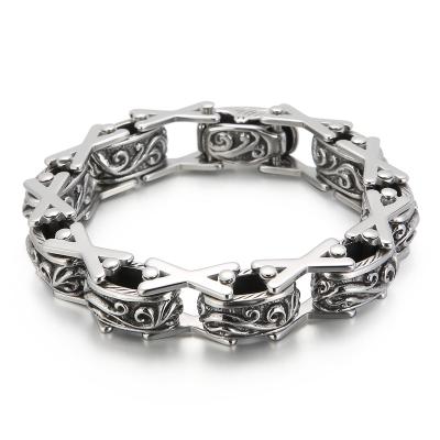 China Hand Polishing Vintage Carved Flower Steel Bracelet X Shaped Hollow Out Of Stainless Steel Mens Bracelet for sale